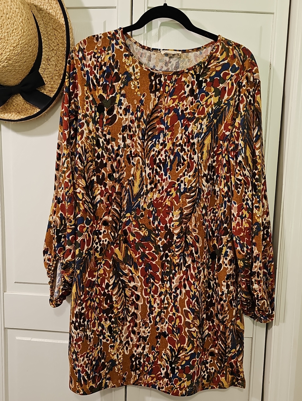 Beeson River Multicolor Leaf & Abstract Print Long Sleeve Tunic Dress W/pockets.